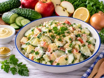 Frischer Gurken-Apfelsalat mit Petersilie und cremigem Dressing.