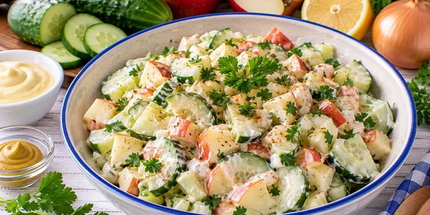 Frischer Gurken-Apfelsalat mit Petersilie und cremigem Dressing.