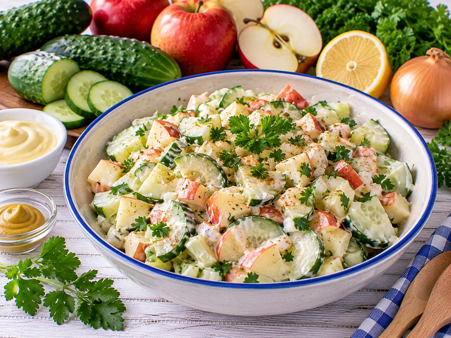 Frischer Gurken-Apfelsalat mit Petersilie und cremigem Dressing.
