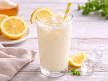 Honig-Zitronen-Milch mit Eiswürfeln in einem Glas auf hellem Holztisch