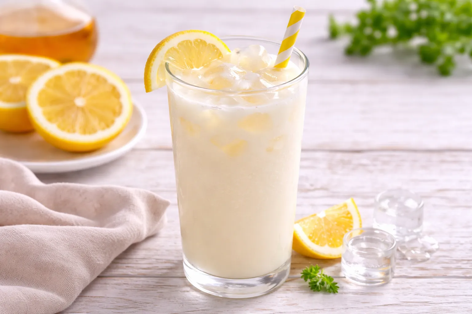 Honig-Zitronen-Milch mit Eiswürfeln in einem Glas auf hellem Holztisch