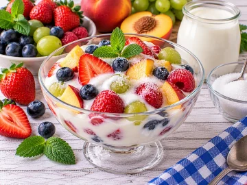Cremiger Naturjoghurt mit frischem Obst in einer Glasschale.