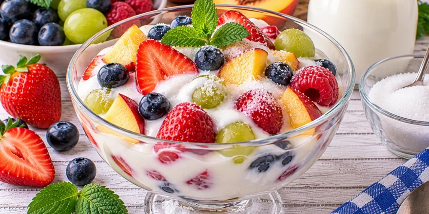 Cremiger Naturjoghurt mit frischem Obst in einer Glasschale.
