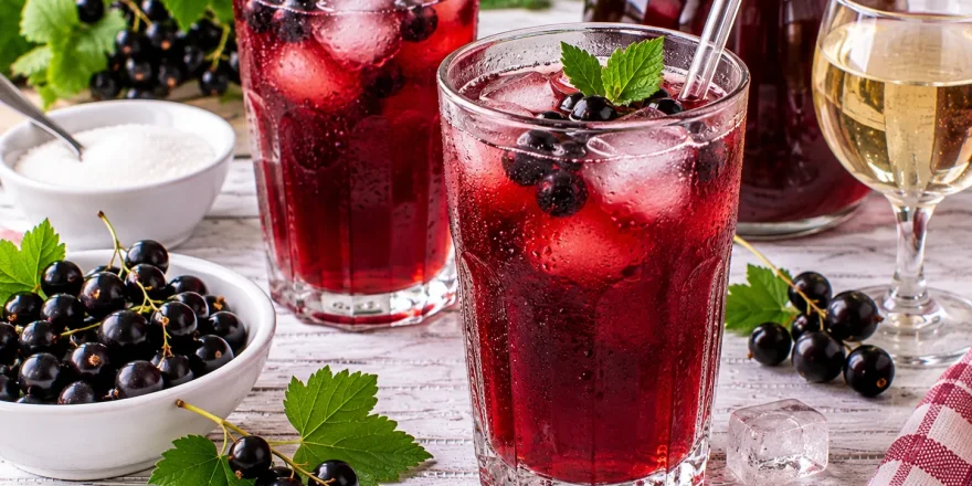 Erfrischendes Johannisbeergetränk mit schwarzen Johannisbeeren und Eiswürfeln.