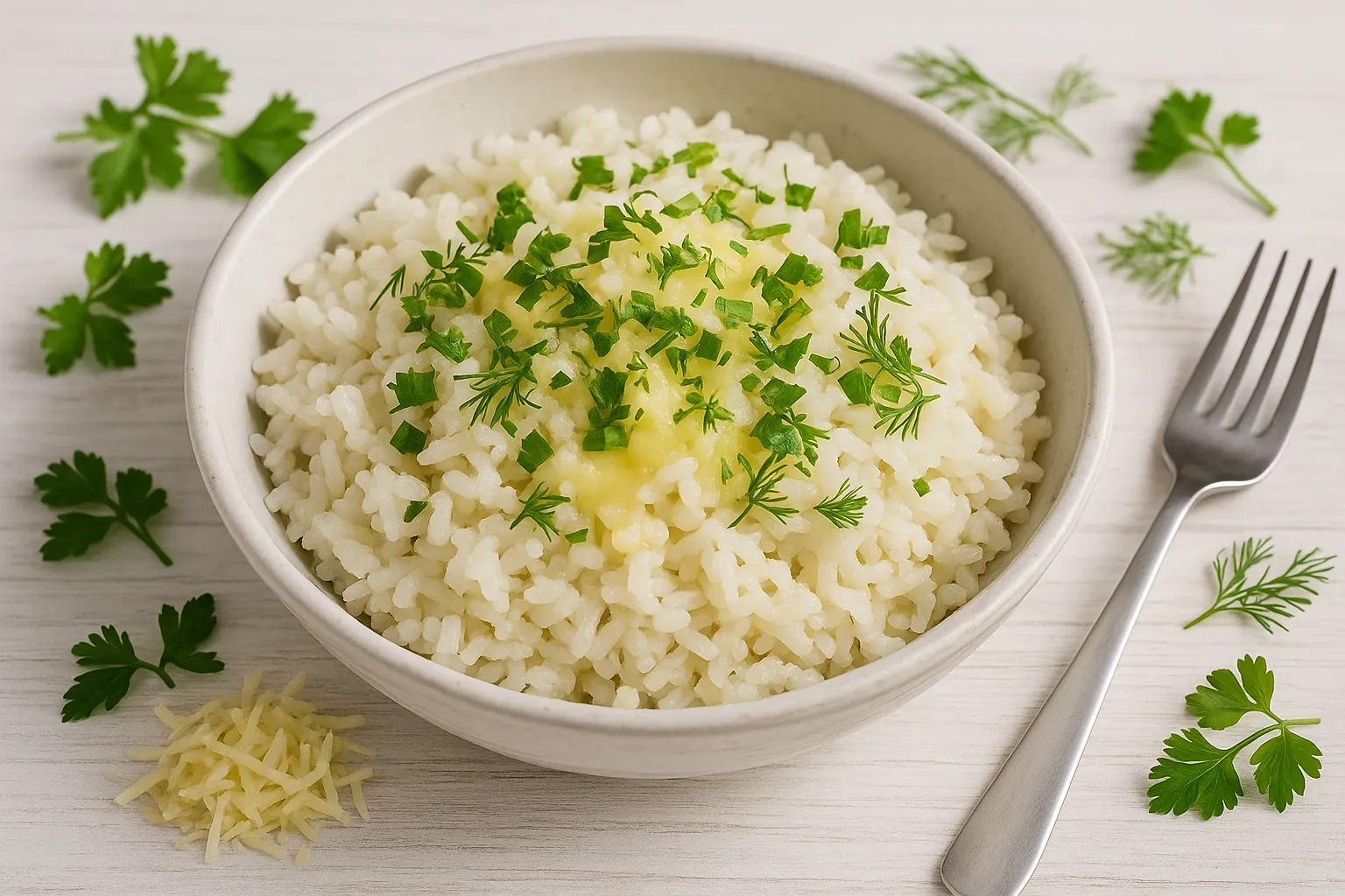 Käsereis mit geschmolzenem Käse und frischen Kräutern in weißer Schüssel, Holzhintergrund, modernes Besteck