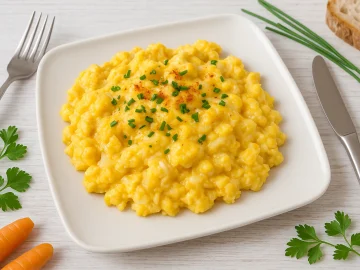 Käserühreier auf viereckigem weißem Teller, Paprika und Kräuter, Brot, helles Holz, modernes Besteck