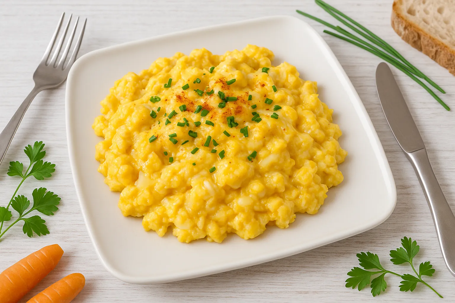 Käserühreier auf viereckigem weißem Teller, Paprika und Kräuter, Brot, helles Holz, modernes Besteck