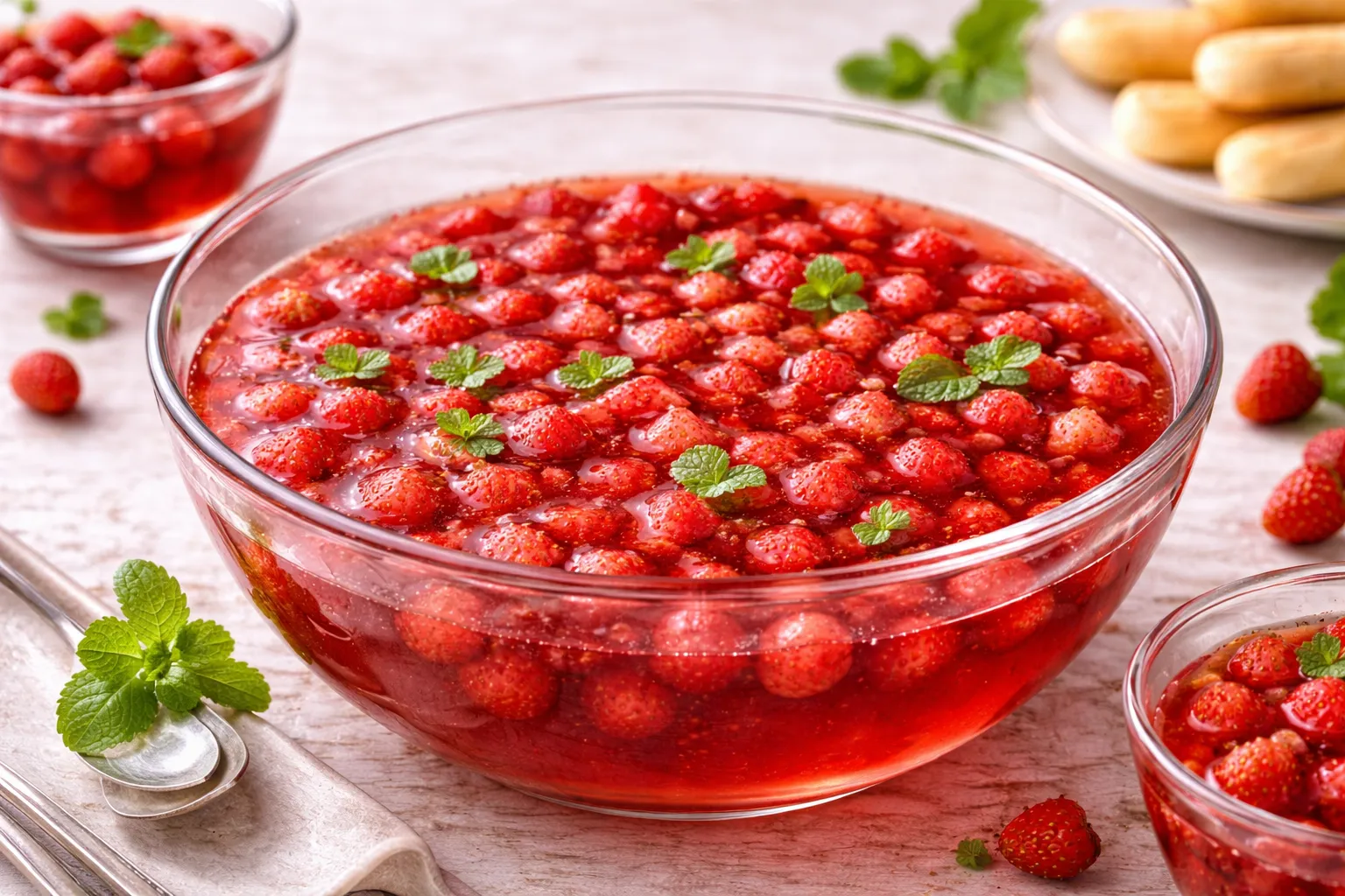 Kaltschale mit Walderdbeeren in klarer Schüssel