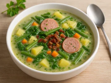 Cremige Kartoffelsuppe mit Gemüse, Spinat, Wurstscheiben, Speck und frischen Kräutern in einer weißen Suppenschüssel auf hellem Holzhintergrund.