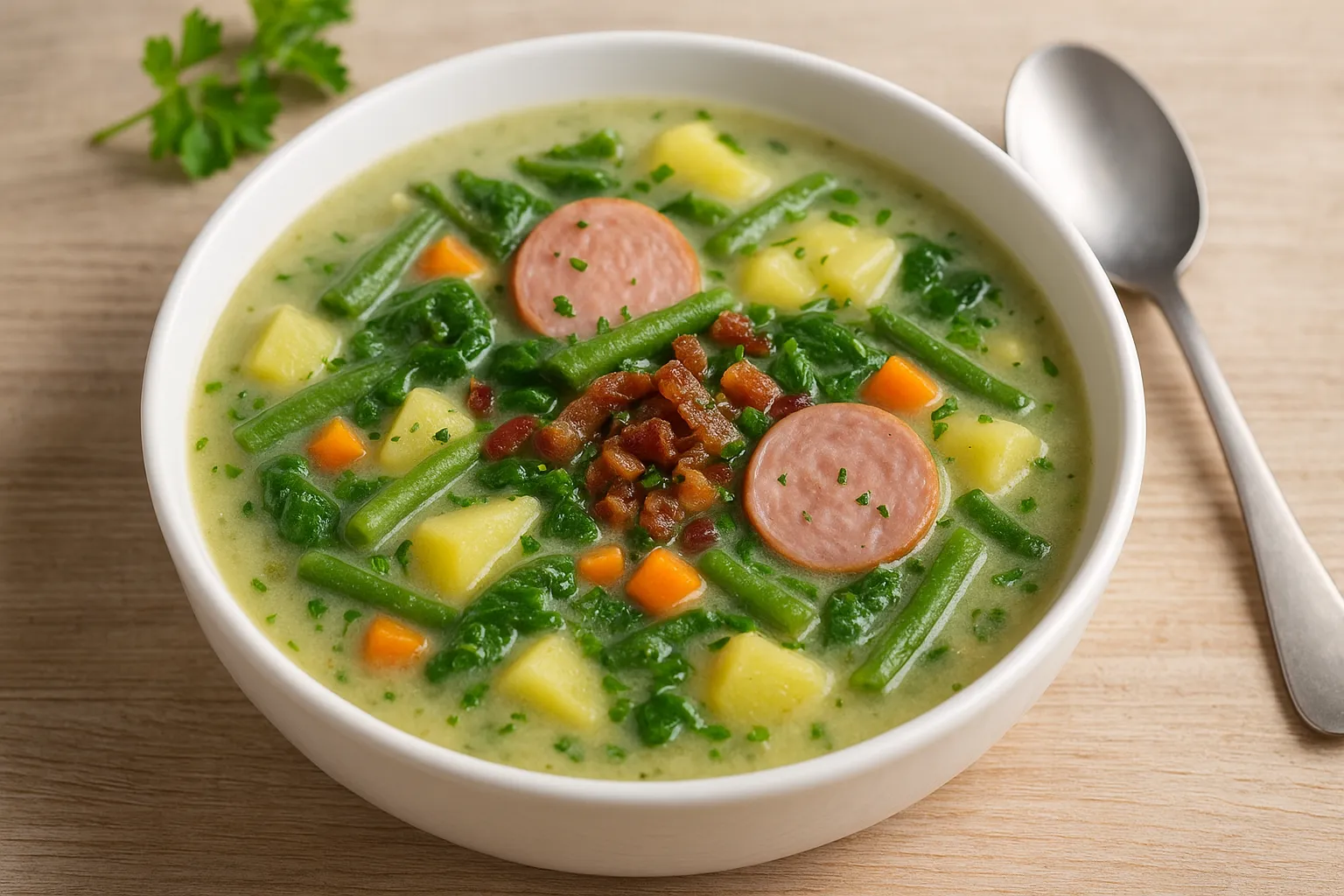Cremige Kartoffelsuppe mit Gemüse, Spinat, Wurstscheiben, Speck und frischen Kräutern in einer weißen Suppenschüssel auf hellem Holzhintergrund.