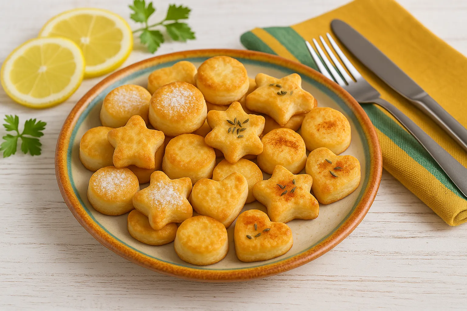  Goldgelb gebackene kleine Quarkkuchen auf einem bunten Keramikteller, arrangiert auf weißem Holzhintergrund, dekoriert mit Zitronenscheiben, Kräutern und modernem Besteck.