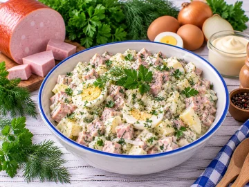 Cremiger Kräutersalat mit Bierschinken, Ei und frischen Kräutern.