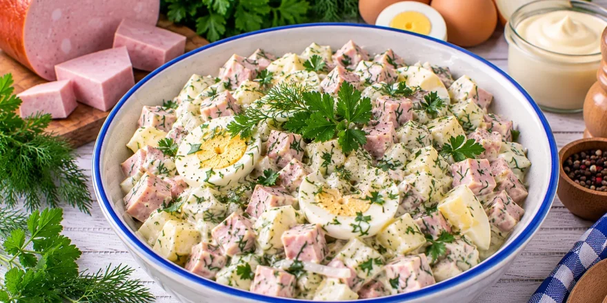 Cremiger Kräutersalat mit Bierschinken, Ei und frischen Kräutern.