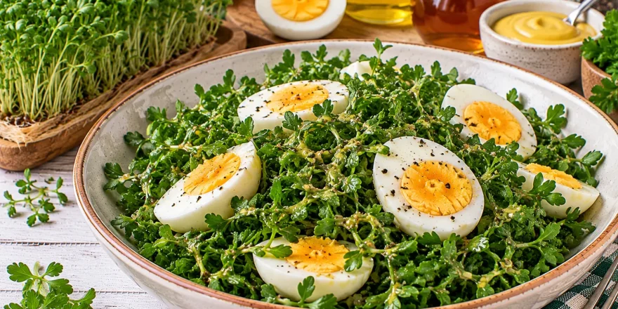 Frischer Kressesalat mit Eierscheiben und würziger Senfmarinade.