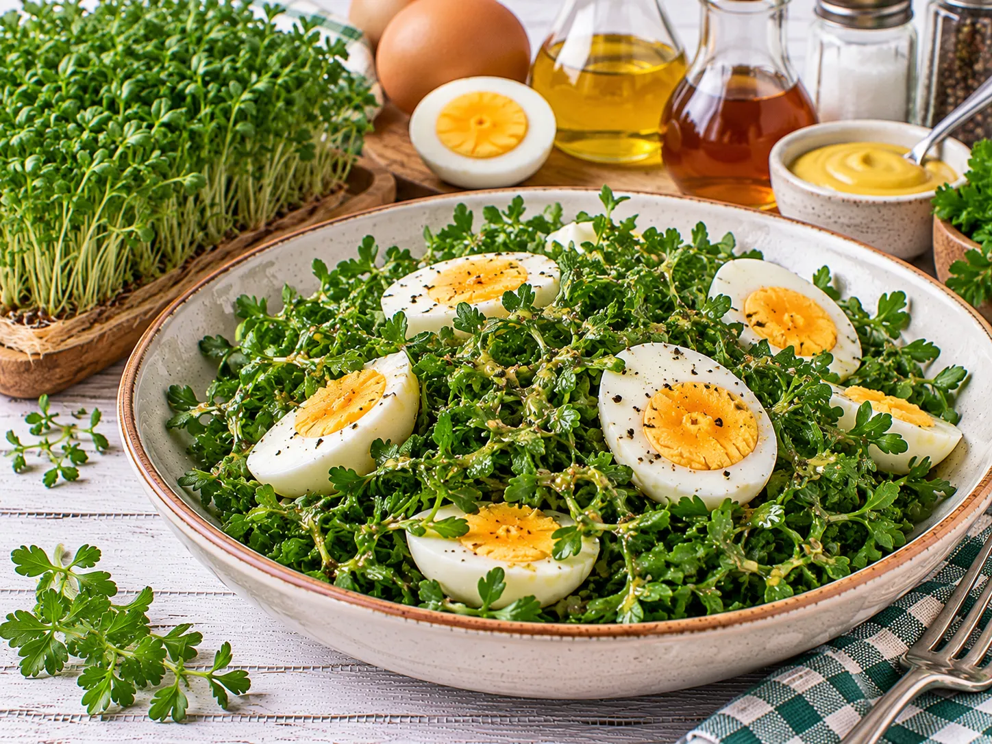 Frischer Kressesalat mit Eierscheiben und würziger Senfmarinade.