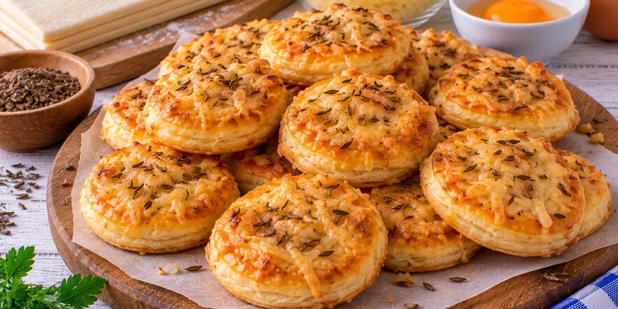 Goldbraune Kümmelplätzchen aus Blätterteig mit Käse.