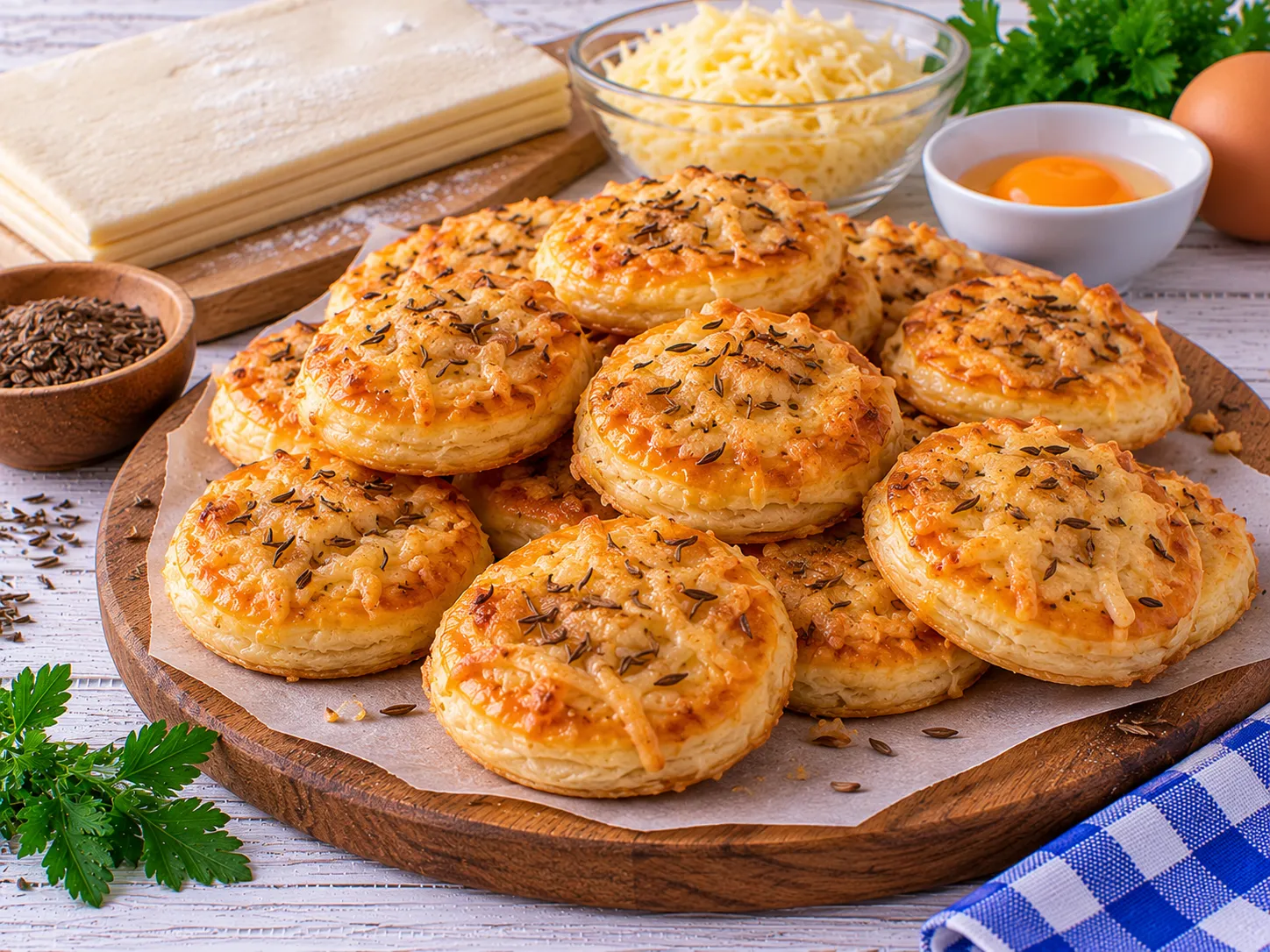 Goldbraune Kümmelplätzchen aus Blätterteig mit Käse.