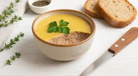 Leberpastete in einer Steingutschüssel mit Kräutern und frischem Brot auf weißem Holztisch