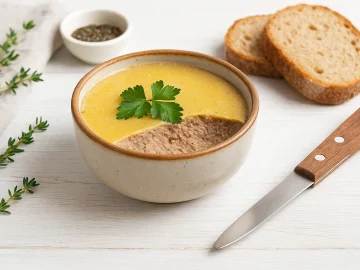 Leberpastete in einer Steingutschüssel mit Kräutern und frischem Brot auf weißem Holztisch