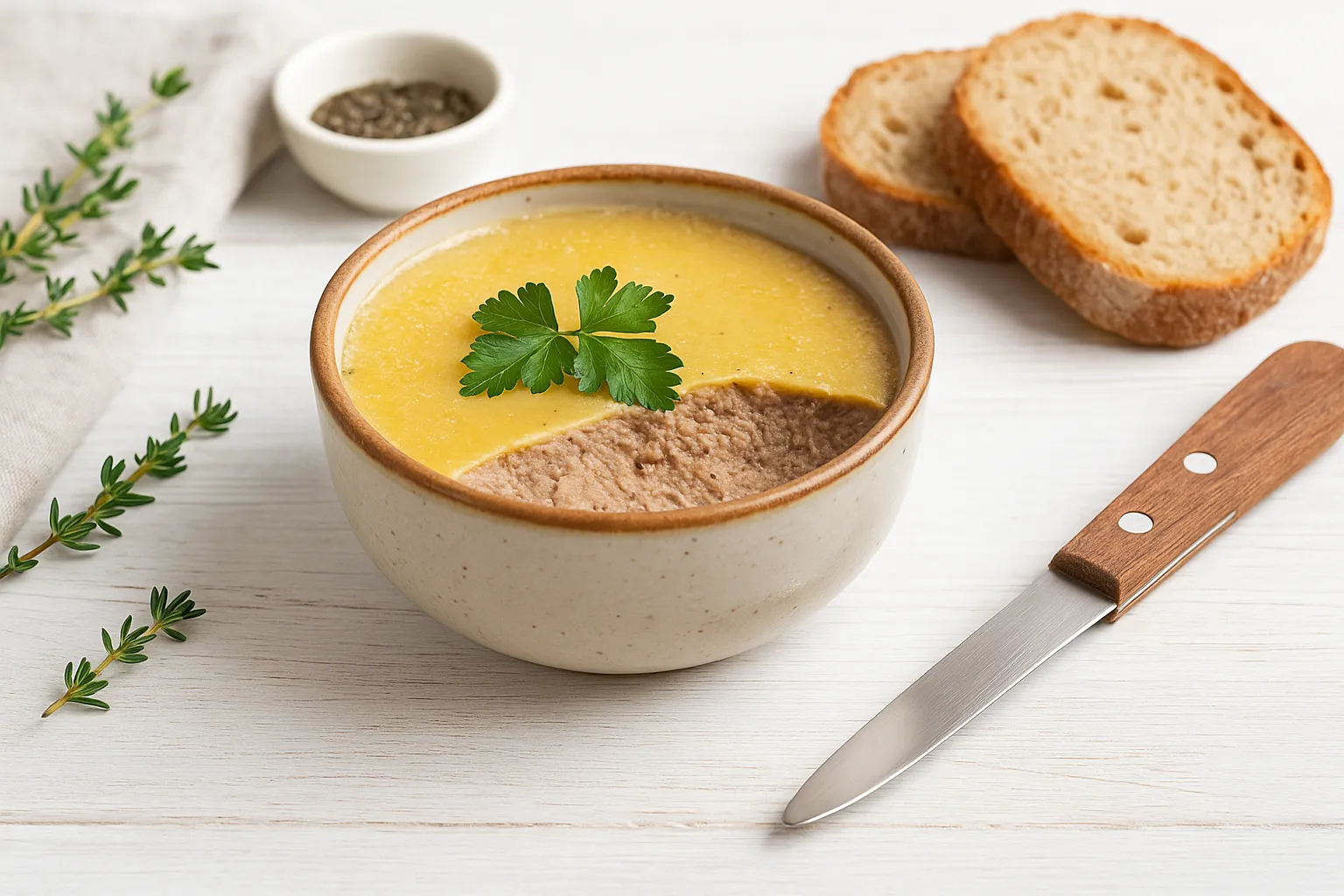 Leberpastete in einer Steingutschüssel mit Kräutern und frischem Brot auf weißem Holztisch