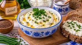 Cremiger Leinöl-Quark-Aufstrich in einer kleinen Schale.