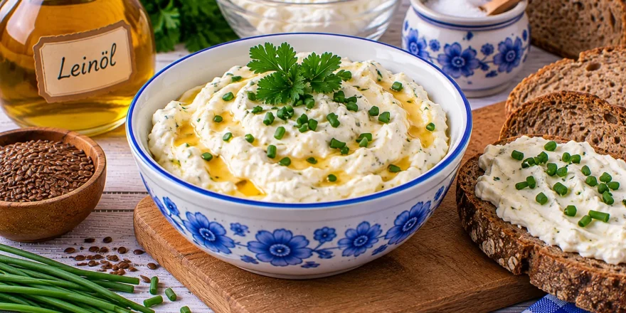 Cremiger Leinöl-Quark-Aufstrich in einer kleinen Schale.