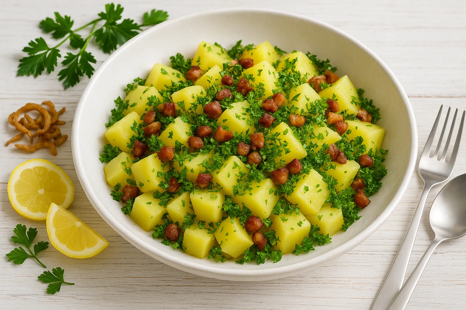 Mecklenburger Kartoffeln in weißer Schale, mit Speck und Kräutern, umgeben von Deko auf hellem Holzuntergrund