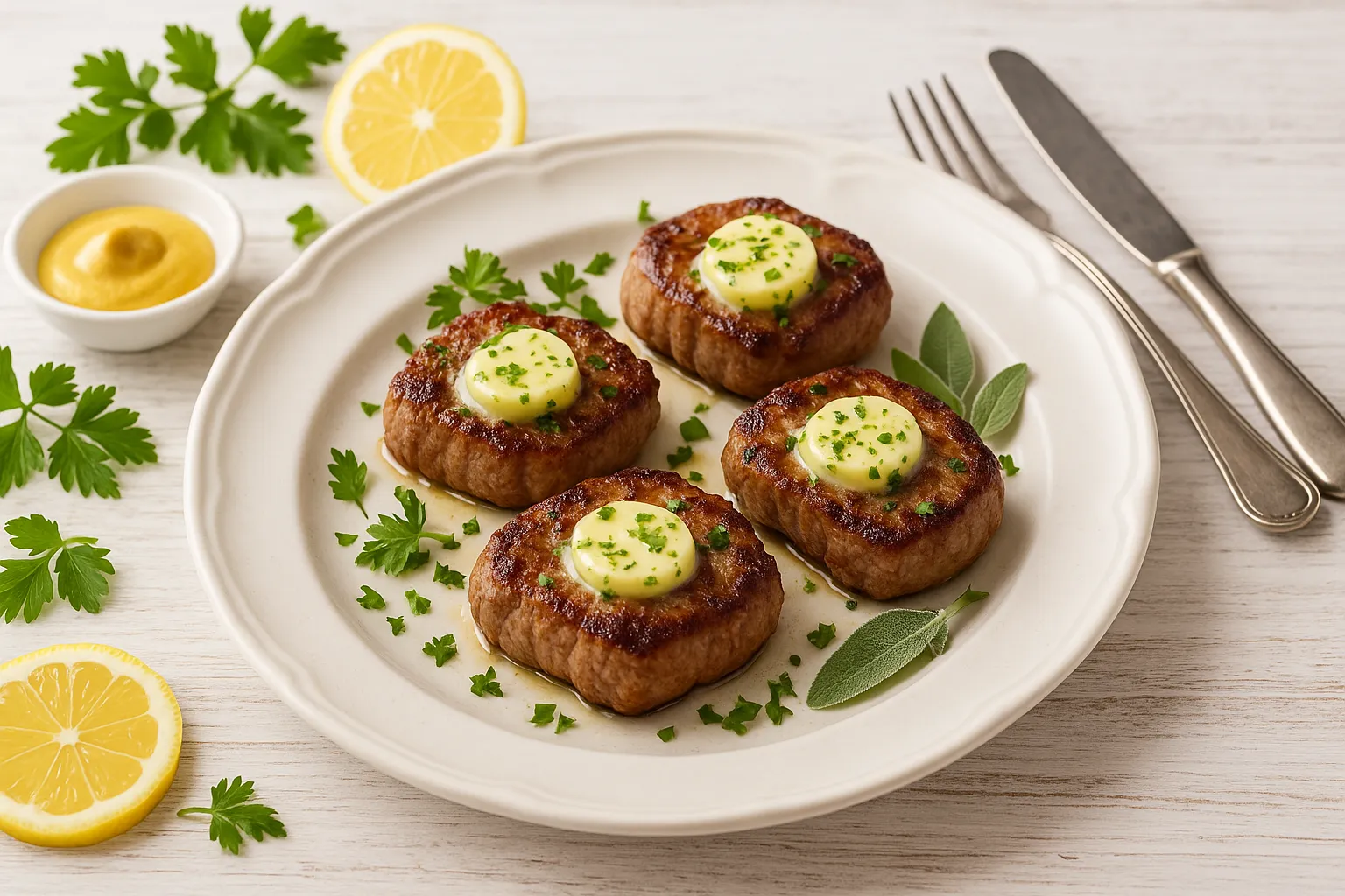 Gebratene Ministeaks mit Kräuterbutter auf weißem Teller, Kräuter-Deko, helles Holz, modernes Besteck