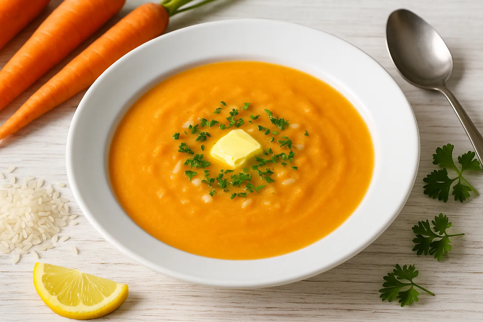 Möhrencremesuppe mit Reis in weißem Teller, Butter und Kräuter-Deko, frische Möhren, Reis und Besteck auf hellem Holz