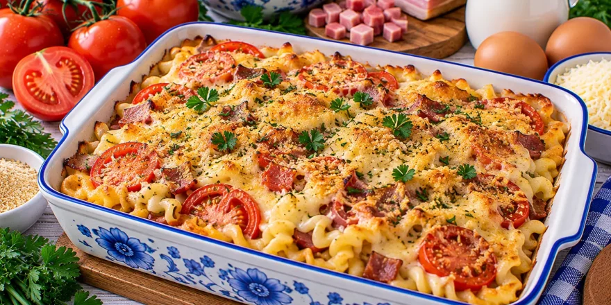 Goldbraun überbackener Nudelauflauf mit Tomaten und Schinken.