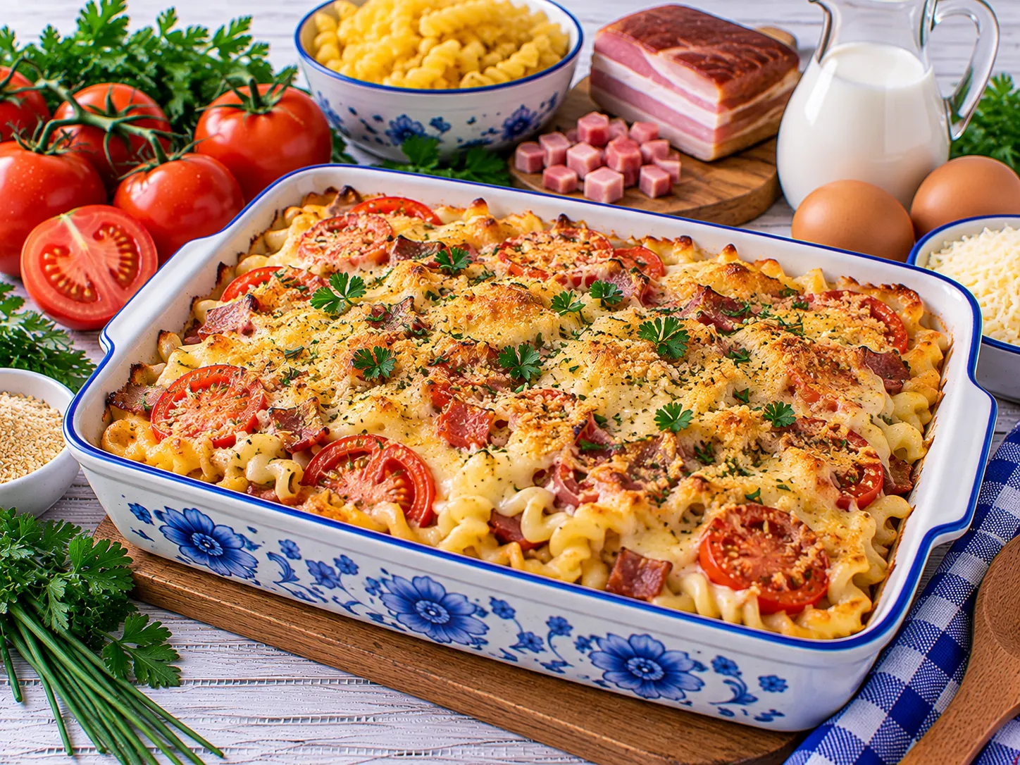 Goldbraun überbackener Nudelauflauf mit Tomaten und Schinken.