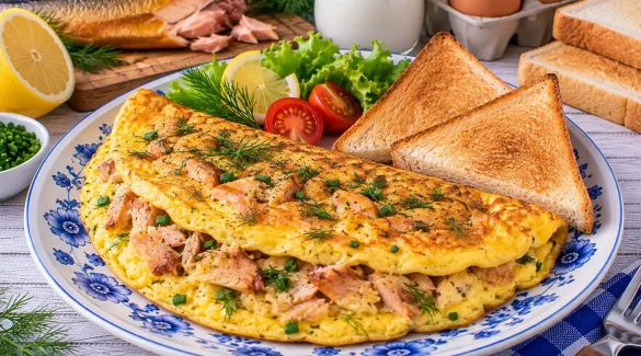 Locker gebratenes Omelett mit Räucherfisch und Toast.