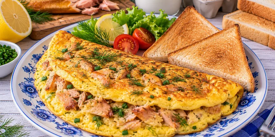 Locker gebratenes Omelett mit Räucherfisch und Toast.