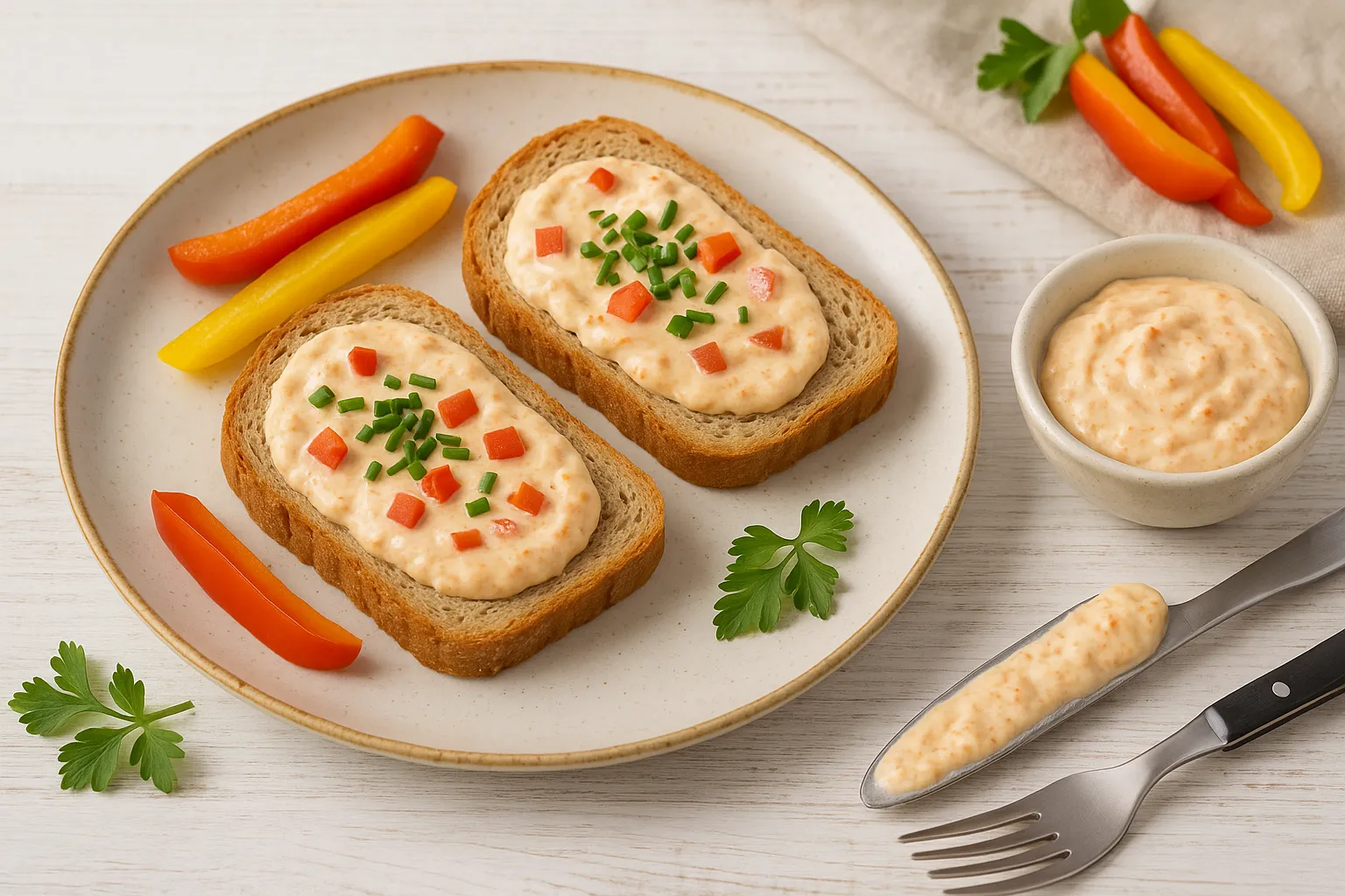  Brot mit Paprika-Quark-Aufstrich, dekoriert mit bunten Paprikastückchen und frischen Kräutern, auf weißem Holztisch, moderner Teller und Besteck.