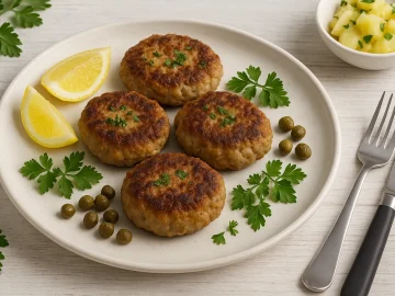 Fleischklößchen mit Kapern und Kräutern auf weißem Teller, Deko mit Zitrone und Kartoffelsalat, helles Holz