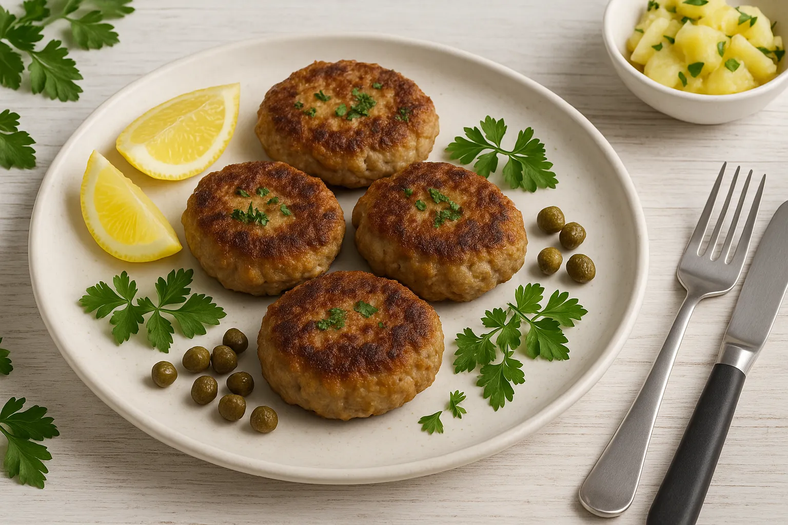 Fleischklößchen mit Kapern und Kräutern auf weißem Teller, Deko mit Zitrone und Kartoffelsalat, helles Holz