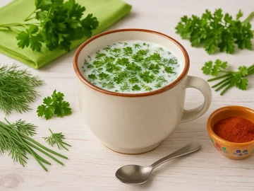 Weiße Keramikschale mit Kräutermilch, bestreut mit frischen Kräutern, auf hellem Holztisch, umgeben von frischem Dill, Petersilie, moderner Deko und Besteck.