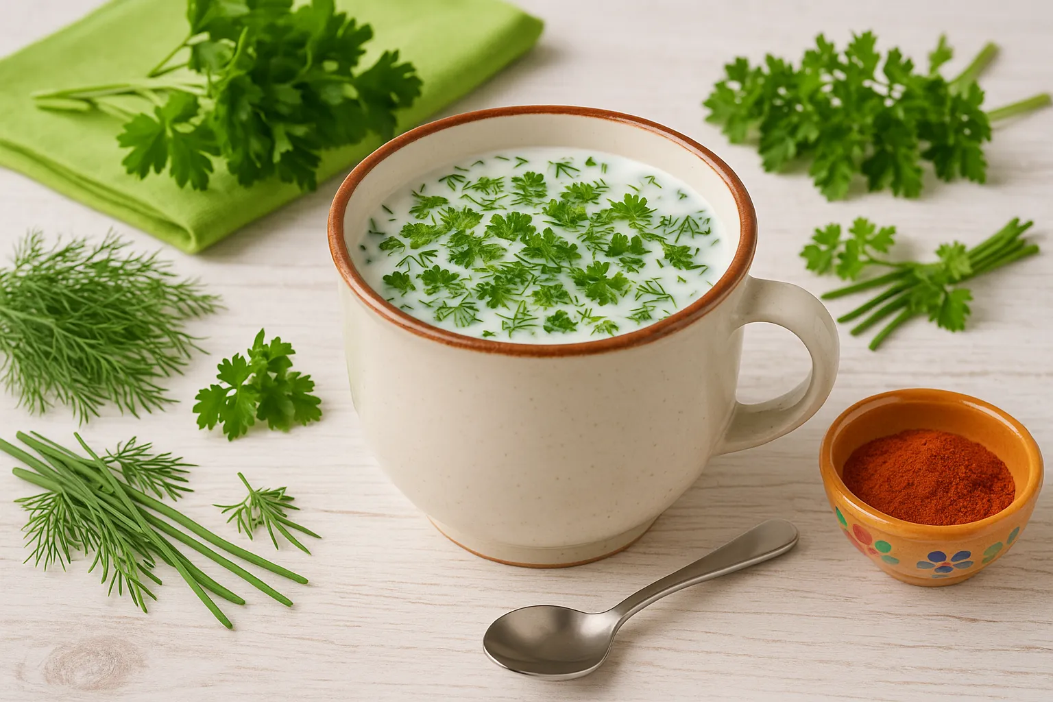  Weiße Keramikschale mit Kräutermilch, bestreut mit frischen Kräutern, auf hellem Holztisch, umgeben von frischem Dill, Petersilie, moderner Deko und Besteck.