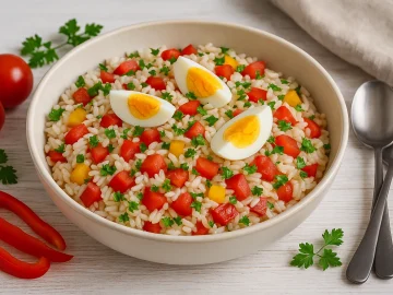 Bunter Reissalat mit Paprika, Tomaten und Eiern in moderner Salatschüssel, dekoriert mit Kräutern auf weißem Holztisch.