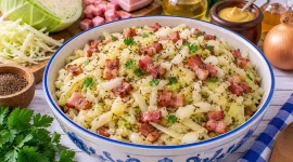Warmer Weißkohlsalat mit Speck und Kümmel.
