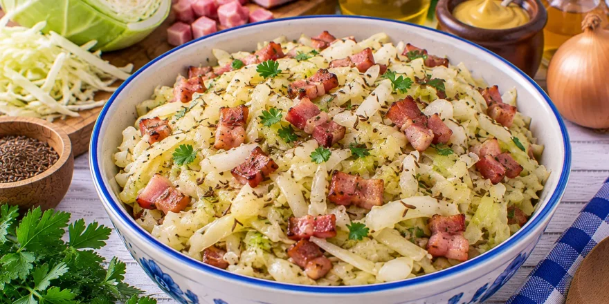 Warmer Weißkohlsalat mit Speck und Kümmel.