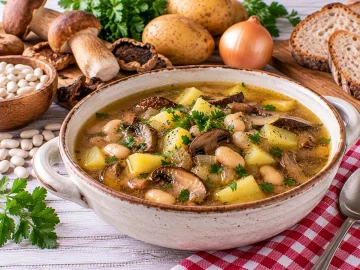 Herzhafte Pilzsuppe mit weißen Bohnen und Kartoffeln.