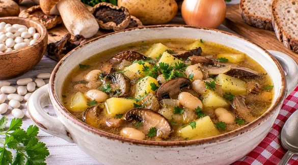 Herzhafte Pilzsuppe mit weißen Bohnen und Kartoffeln.