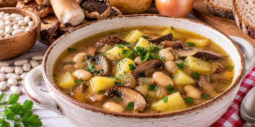 Herzhafte Pilzsuppe mit weißen Bohnen und Kartoffeln.