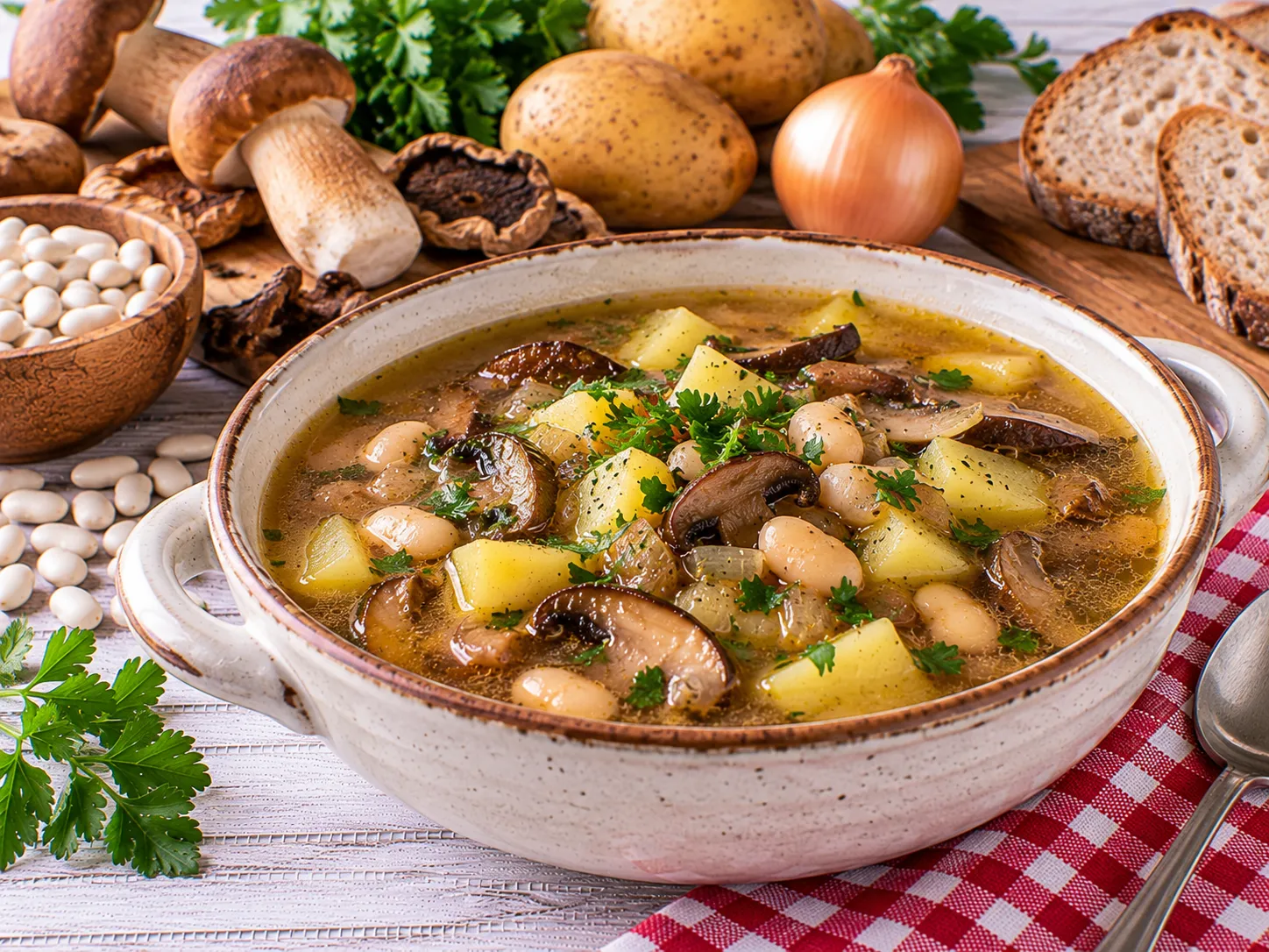 Herzhafte Pilzsuppe mit weißen Bohnen und Kartoffeln.
