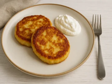 Zwei Quark-Kartoffelpuffer auf weißem Teller, daneben ein Klecks Quark, angerichtet auf weißem Holzhintergrund mit Gabel.