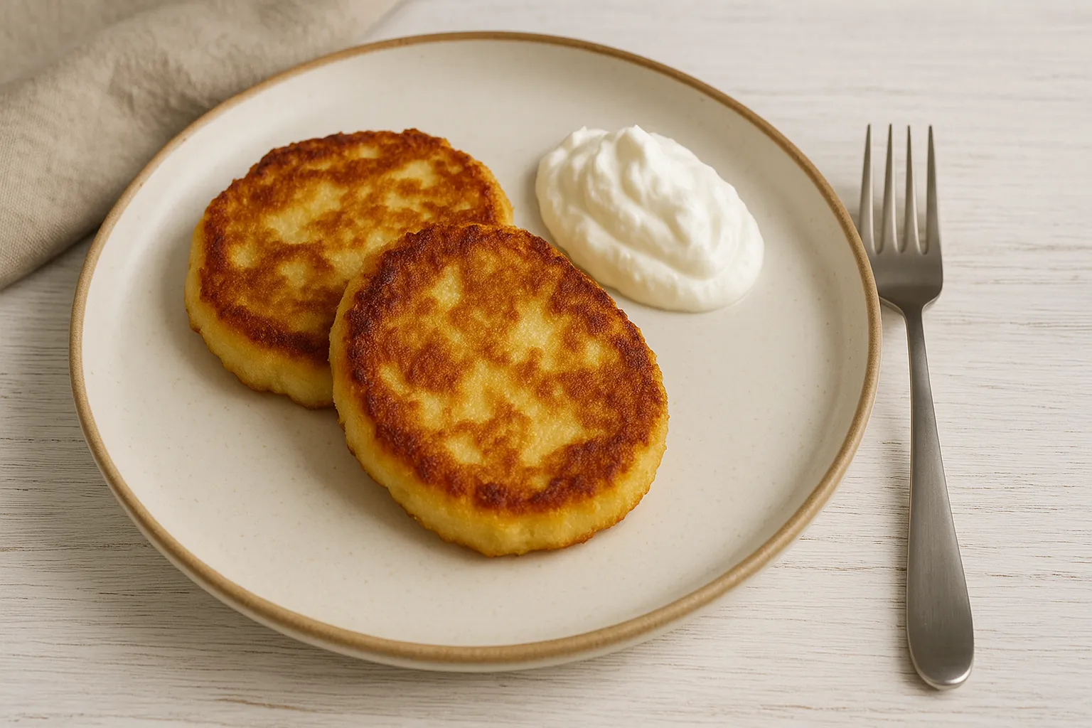  Zwei Quark-Kartoffelpuffer auf weißem Teller, daneben ein Klecks Quark, angerichtet auf weißem Holzhintergrund mit Gabel.