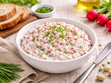 Radieschen-Quark-Aufstrich in einer weißen Schüssel auf hellem Holzhintergrund mit frischen Radieschen