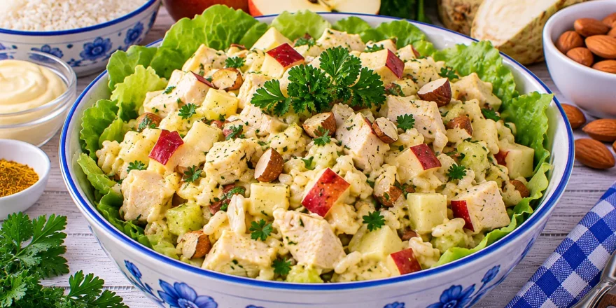 Cremiger Reissalat mit Hühnerfleisch, Äpfeln und Mandeln.