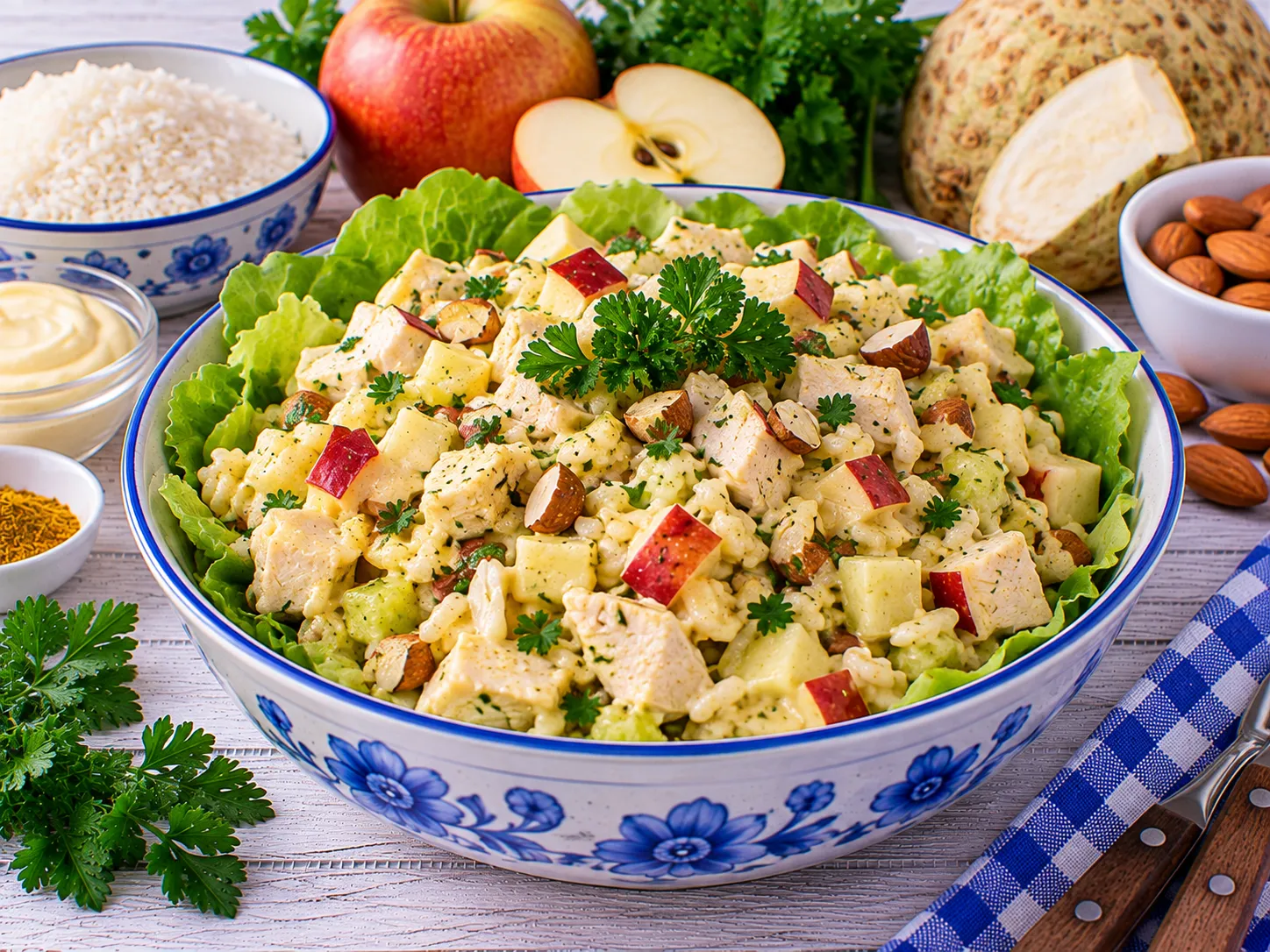 Cremiger Reissalat mit Hühnerfleisch, Äpfeln und Mandeln.
